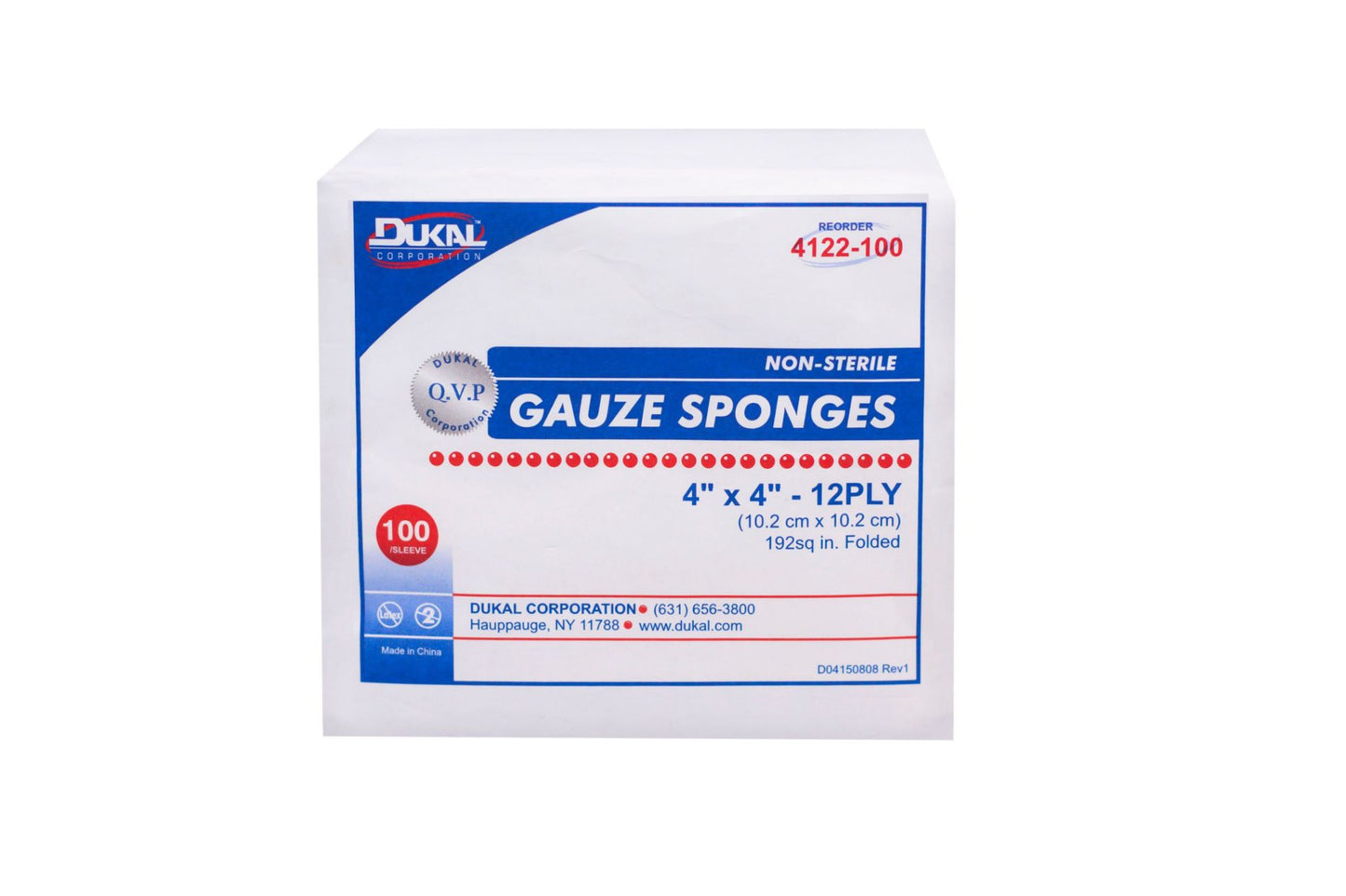Gauze Sponge Dukal Cotton 12-Ply 4x4 IN Square NonSterile 4122 200 CT